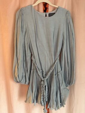 Light Blue Long Sleeve Braided Tie Mini Dress